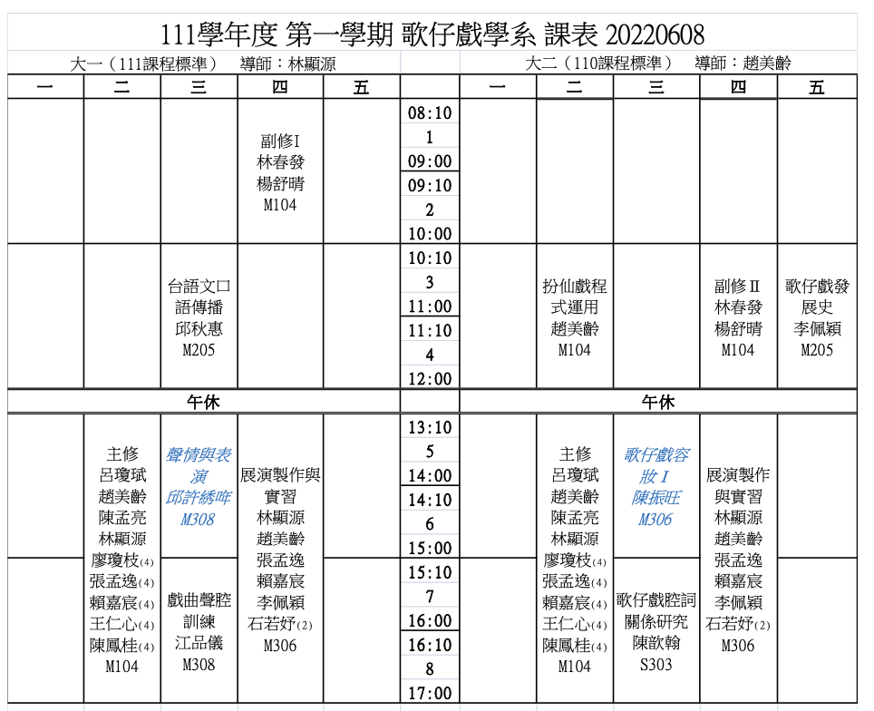 學院部111-1開課表
